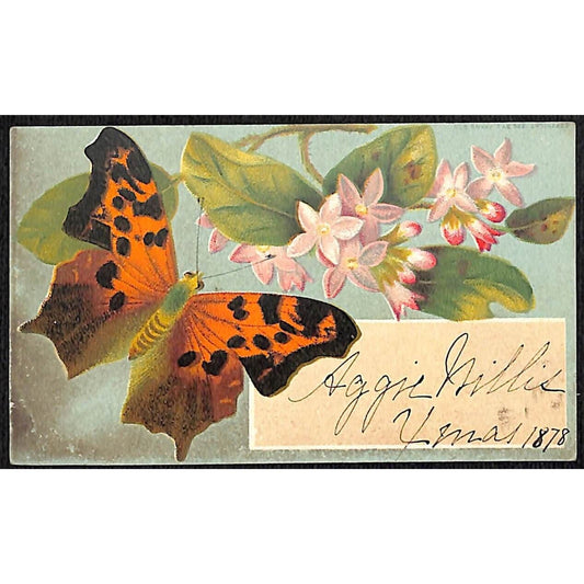 Butterfly Floral Victorian Greeting Card w/ Write-in Panel Dated 1878