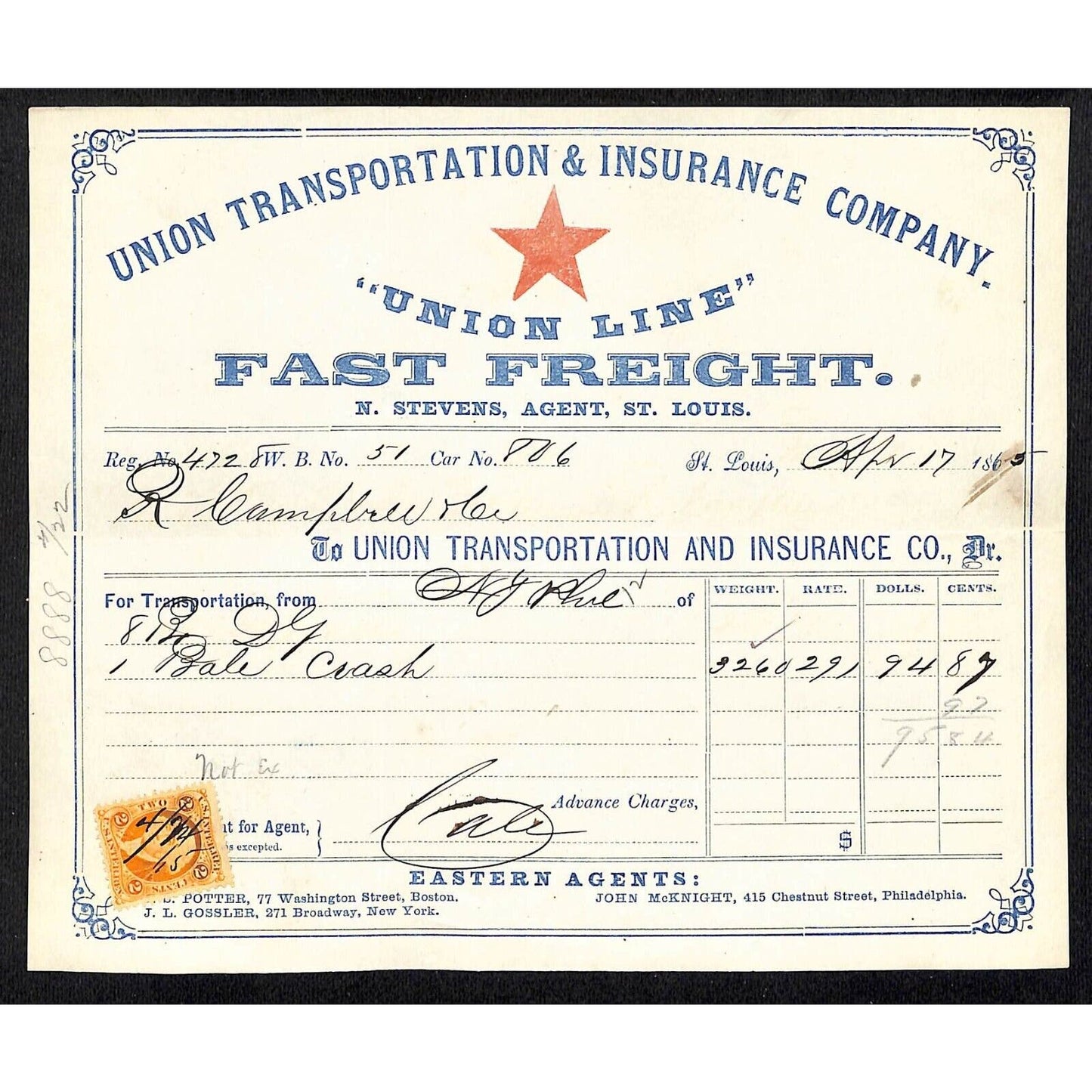Union Transportation & Ins. Co. PRR Waybill #51 "Union Line" Fast Freight 1865