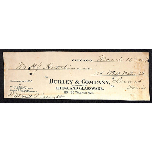 Burley & Company China Glasswar Chicago Hutchinson Decorah IA* Cut 1903 Billhead