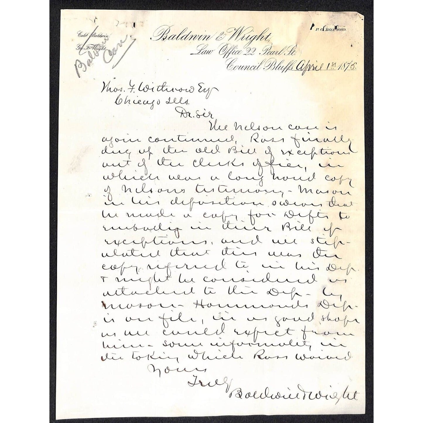 Baldwin & Wright Council Bluffs 1875 Letterhead re: Nelson Case Legal Matters