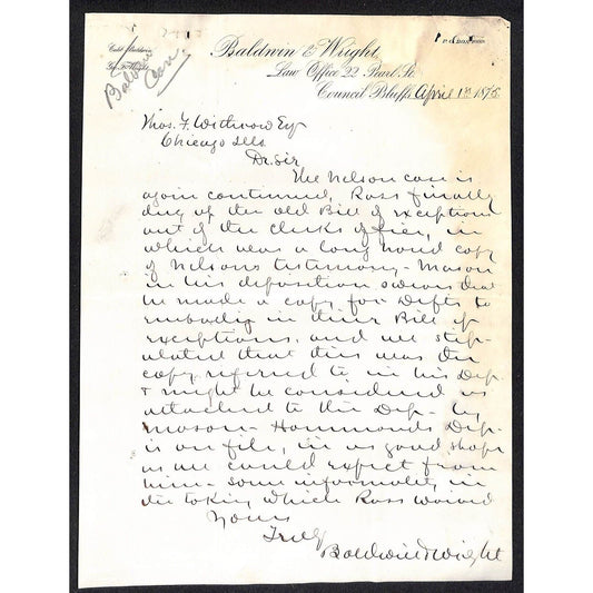 Baldwin & Wright Council Bluffs 1875 Letterhead re: Nelson Case Legal Matters