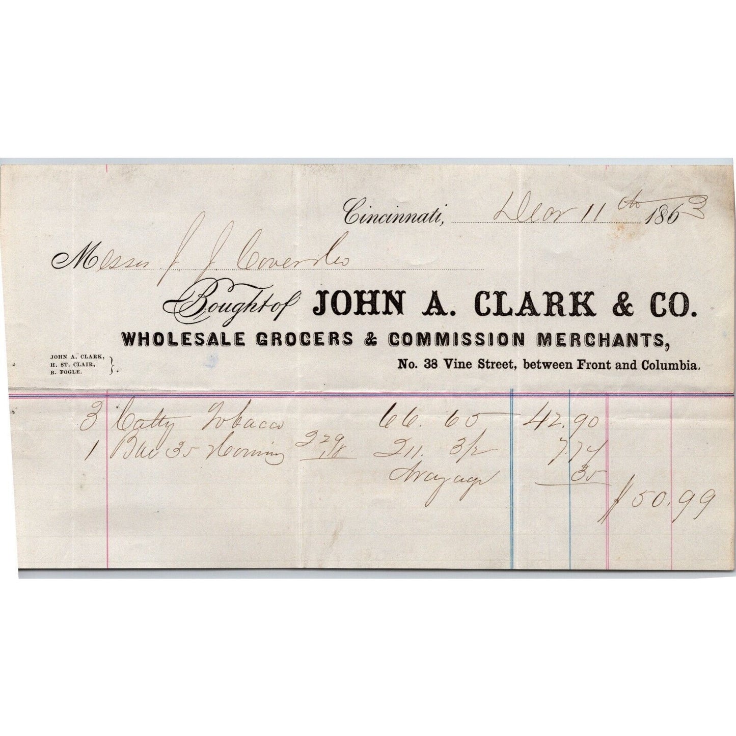 John A. Clark & Co. Grocer Cincinnati 1863 Billhead VGC Scarce