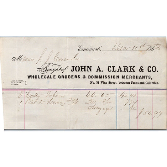 John A. Clark & Co. Grocer Cincinnati 1863 Billhead VGC Scarce
