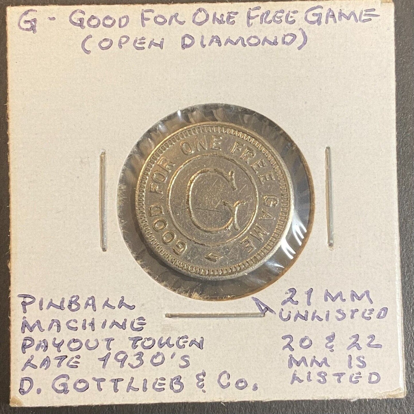 Gottlieb Pinball Token Machine Payout G/F One Free Play Amusement 21mm c1938-40s