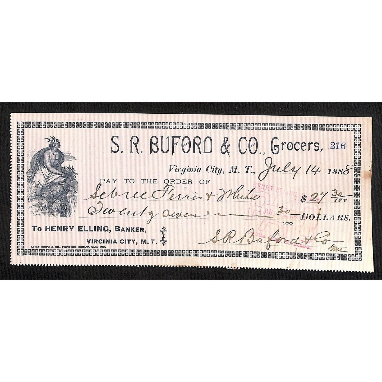 1888 Henry Elling Virginia City Montana Territory S.R. Buford Grocers Check #216