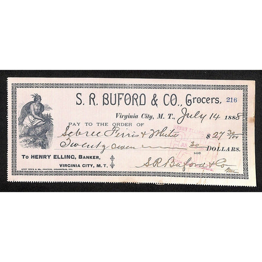 1888 Henry Elling Virginia City Montana Territory S.R. Buford Grocers Check #216