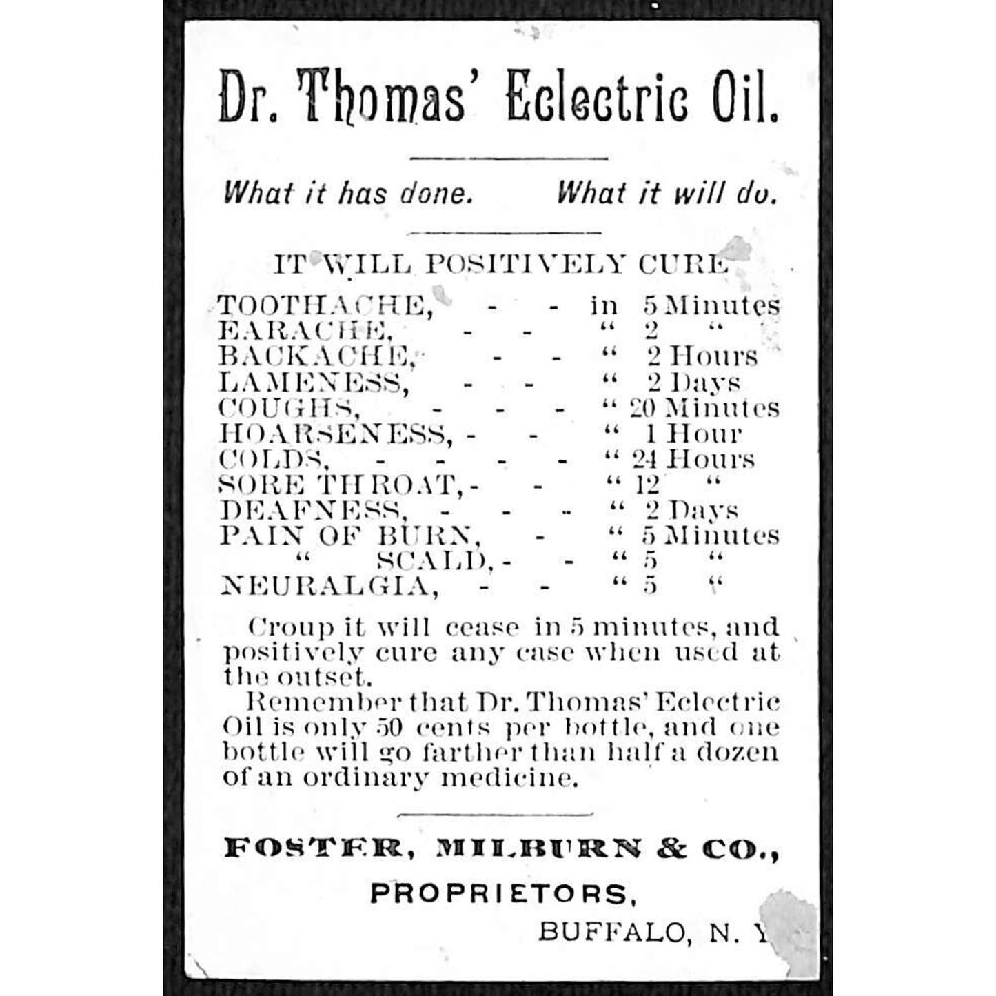 Dr. Thomas' Electric Oil Victorian Trade Card Quack Medicine w/ Ailment List