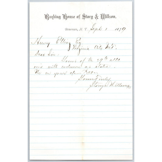 Banking House of Story & Nelson Bozeman, MT 9/1 1879 Letterhead - Henry Elling*