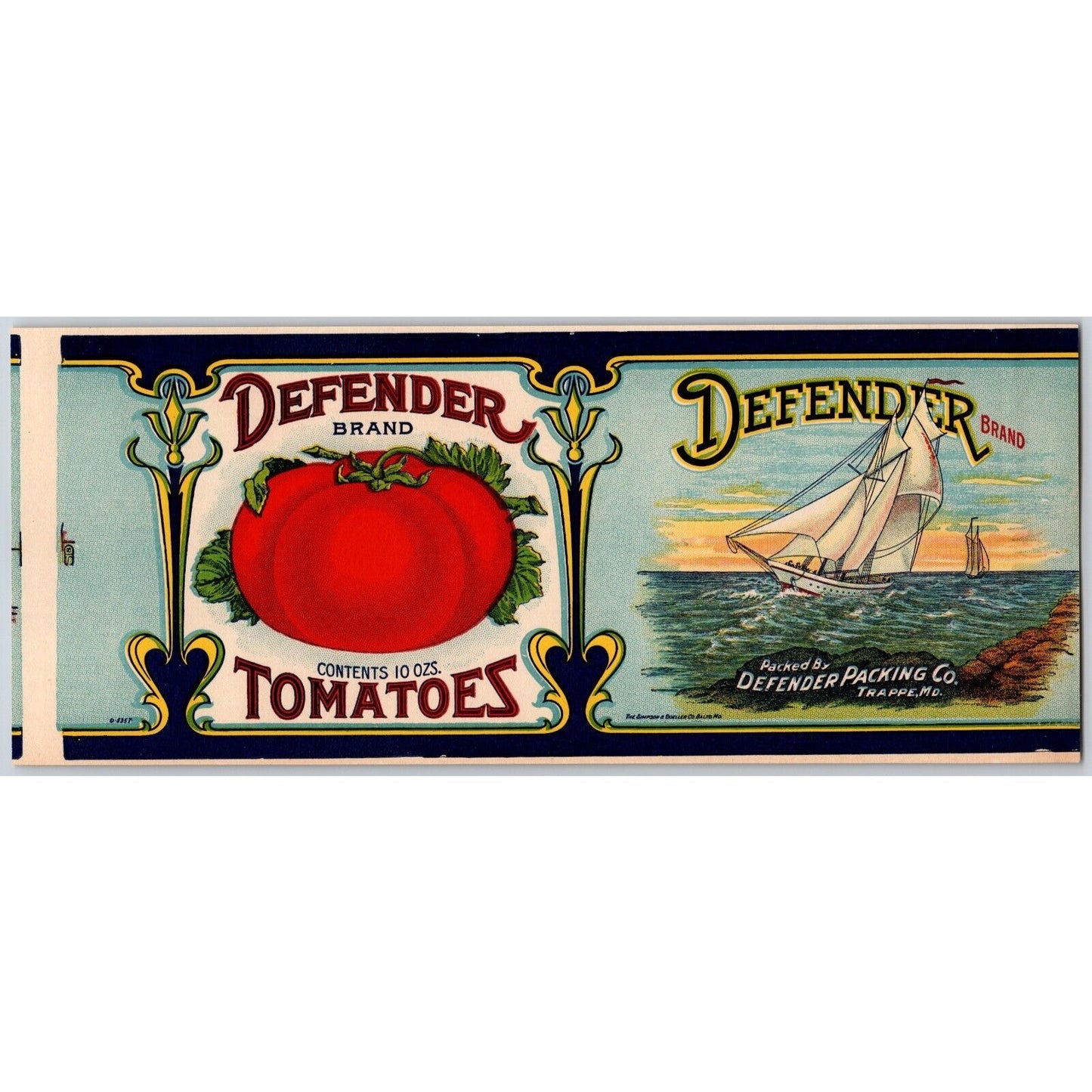 Defender Brand Tomatoes Trappe, MD Paper Can Label c1920's w/ Sailing Ship
