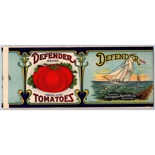 Defender Brand Tomatoes Trappe, MD Paper Can Label c1920's w/ Sailing Ship