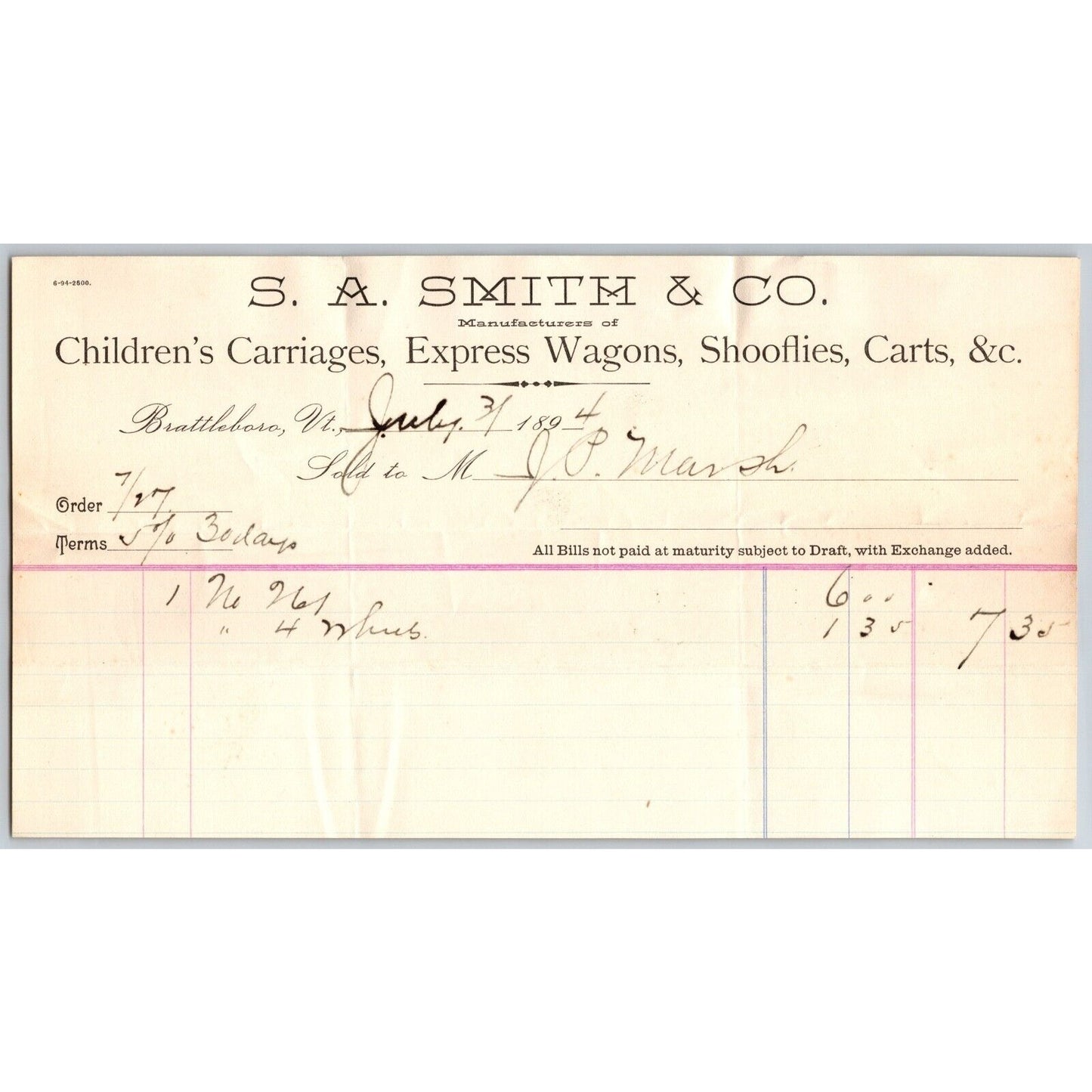 S.A. Smith & Co. Children's Carriages Shooflies Brattleboro, VT 1894 Billhead