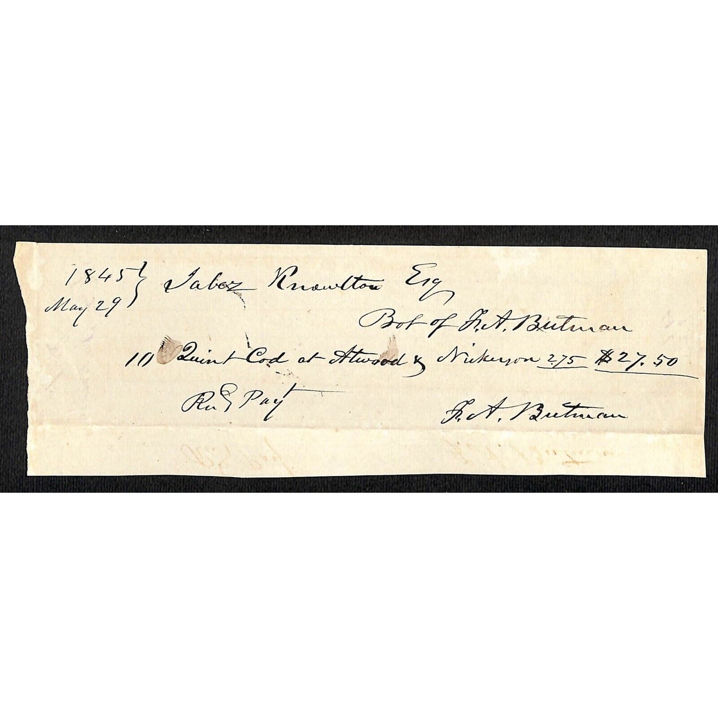 1845 Jabez Knowlton* Newburgh, ME General Store Sales Receipt L.A. Butman ?