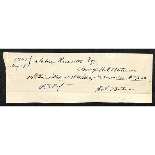1845 Jabez Knowlton* Newburgh, ME General Store Sales Receipt L.A. Butman ?