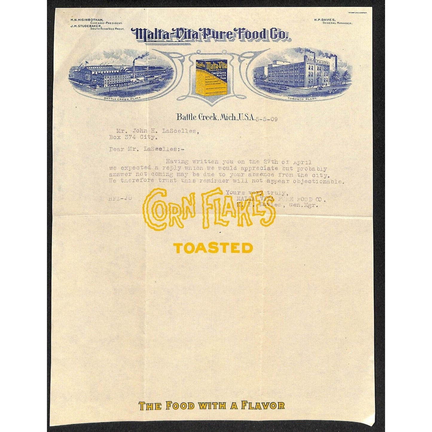 Malta-Vista Pure Food Co. Battle Creek, MI 1909 Advertising Letterhead & Cover
