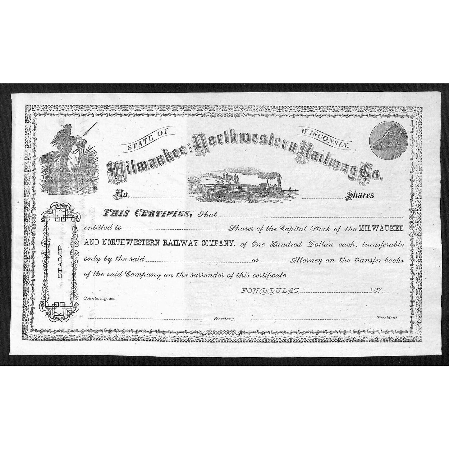Milwaukee and Northwestern Railway 187x 1870s Stock Certificate Unissued w/ Reg