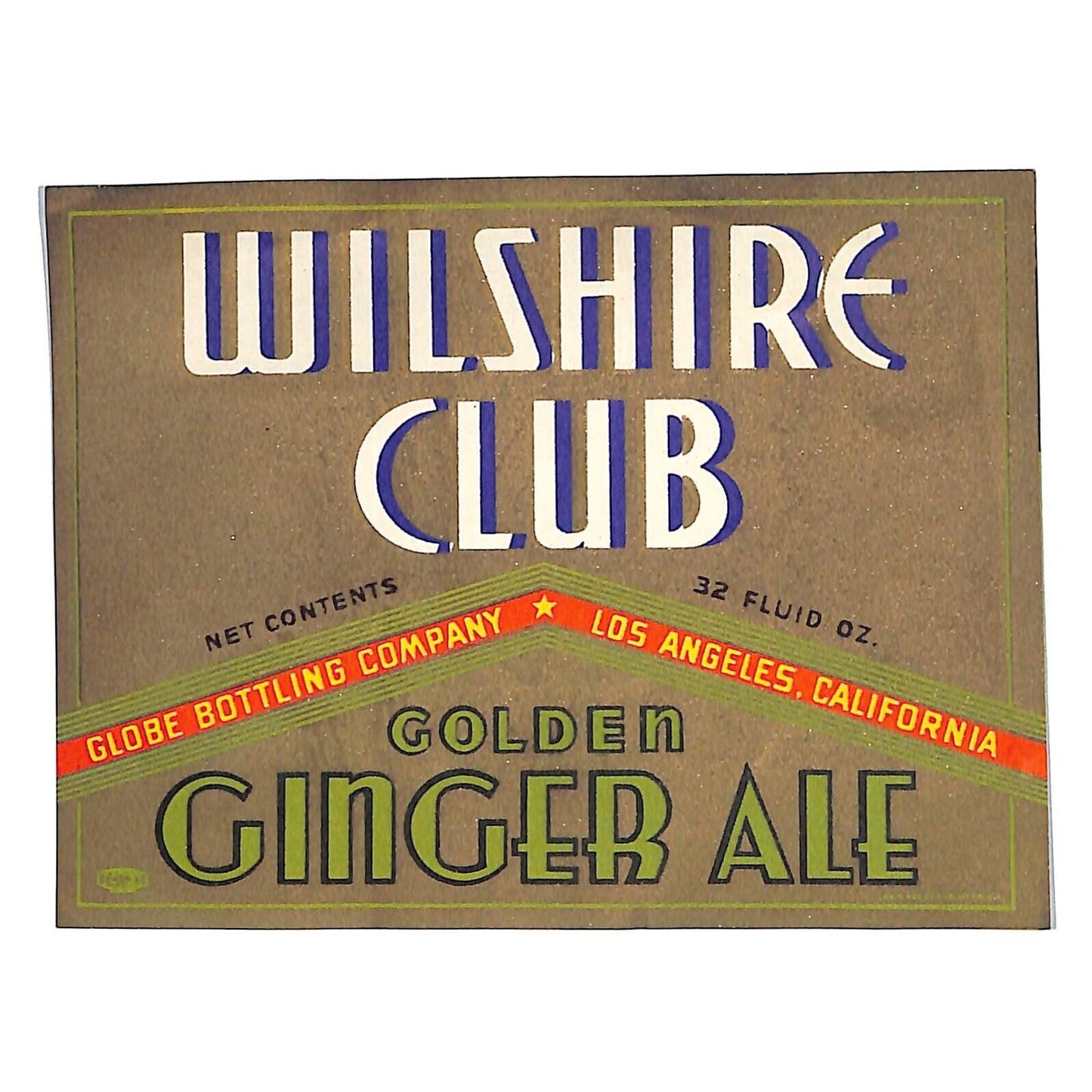 Wilshire Club Ginger Ale Globe Bottling Los Angles Bottle Label c1935-45 Scarce