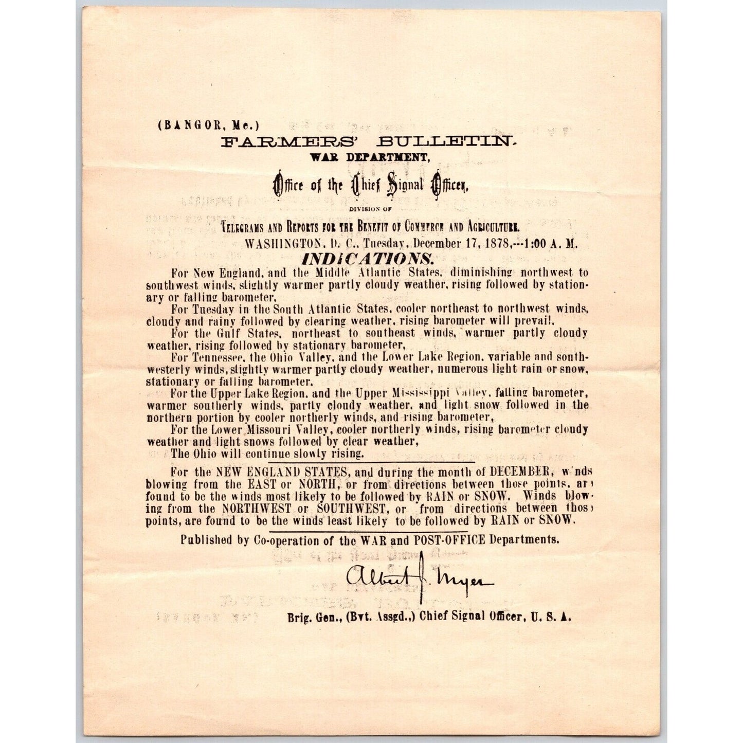 Bangor, ME Chief Signal Office, War Department Farmers' Bulletin - Dec. 17, 1878