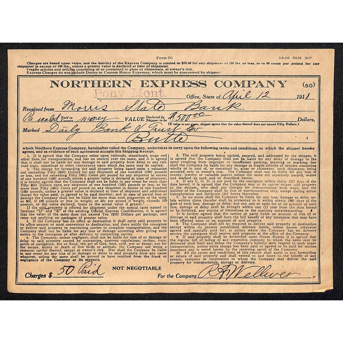 Northern Express Co. 1911 Freight Receipt for $500 Money Pony Butte, MT