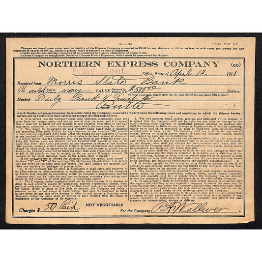 Northern Express Co. 1911 Freight Receipt for $500 Money Pony Butte, MT