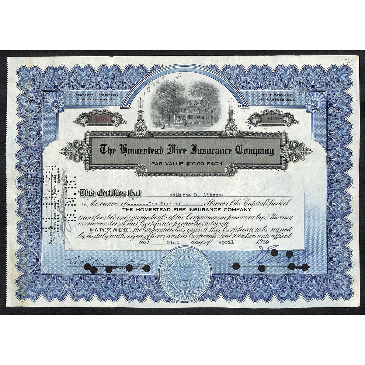 The Homestead Fire Insurance Co. 1939 Stock Certificate Marie D. Aiken