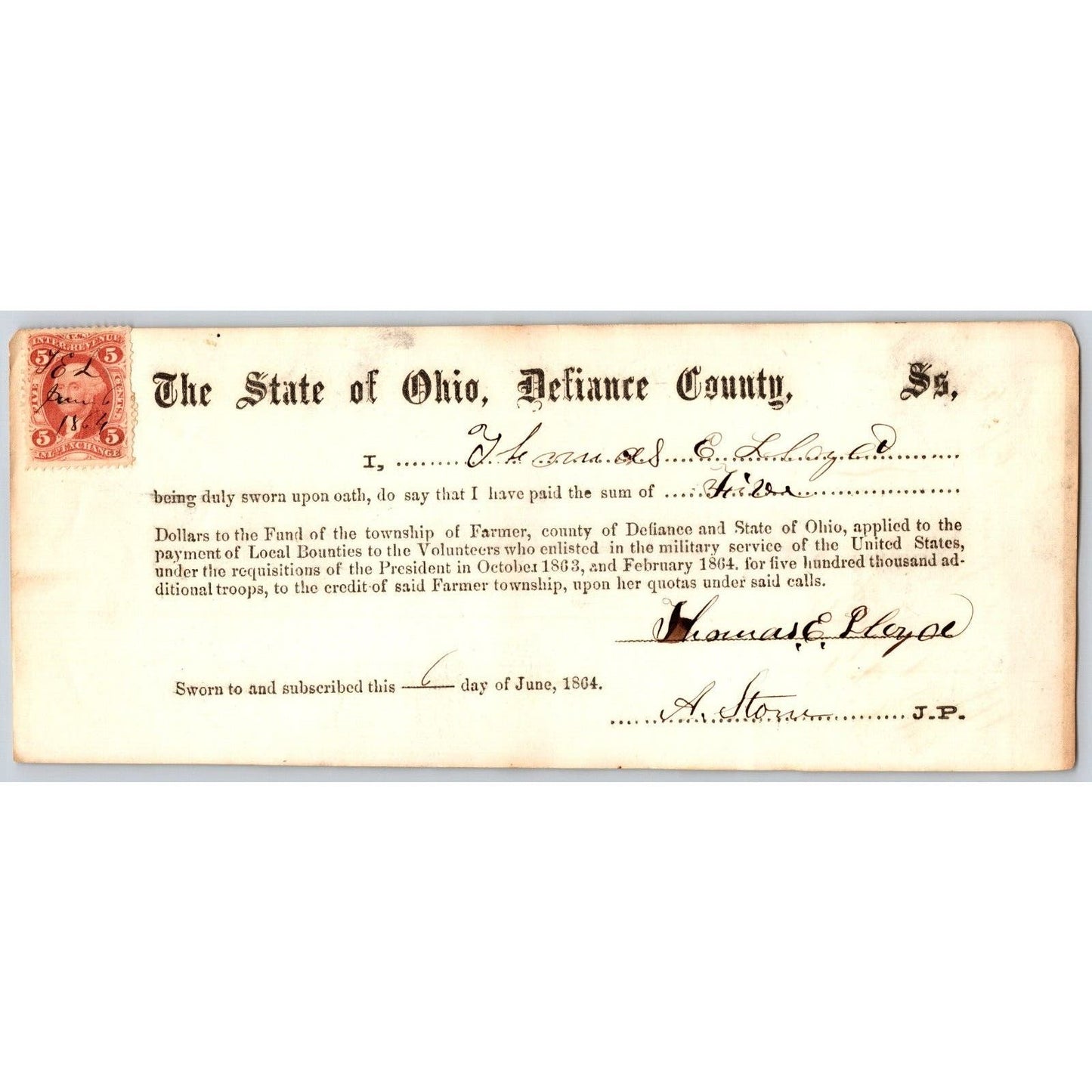 Civil War Farmer Township, OH Defiance 1864 Bounty Receipt Thomas E. Lloyd ?