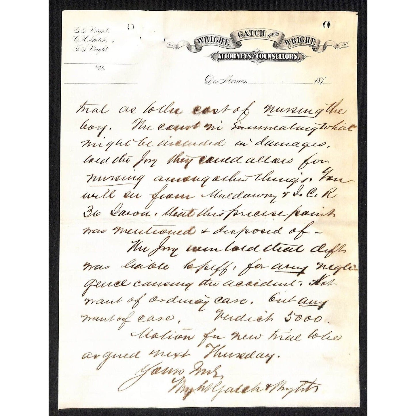 Wright, Gatch and Wright Des Moines Attorneys 1875 4pp Letterhead CRI&P Lawsuit