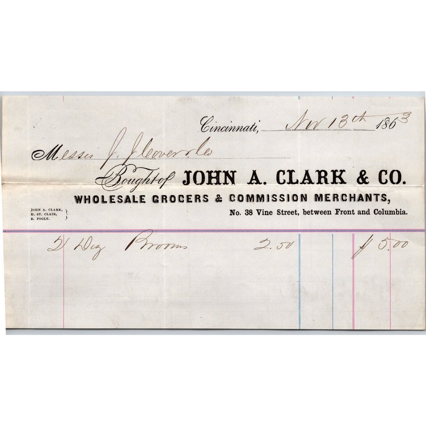 John A. Clark & Co. Grocer Cincinnati 1863 Billhead VGC Scarce J.J. Cover & Co.