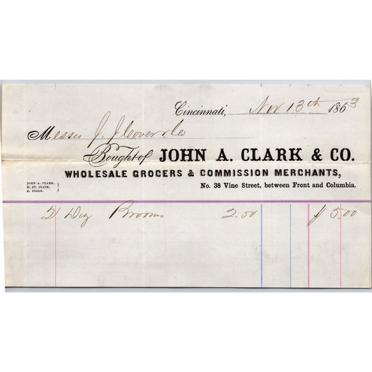 John A. Clark & Co. Grocer Cincinnati 1863 Billhead VGC Scarce J.J. Cover & Co.