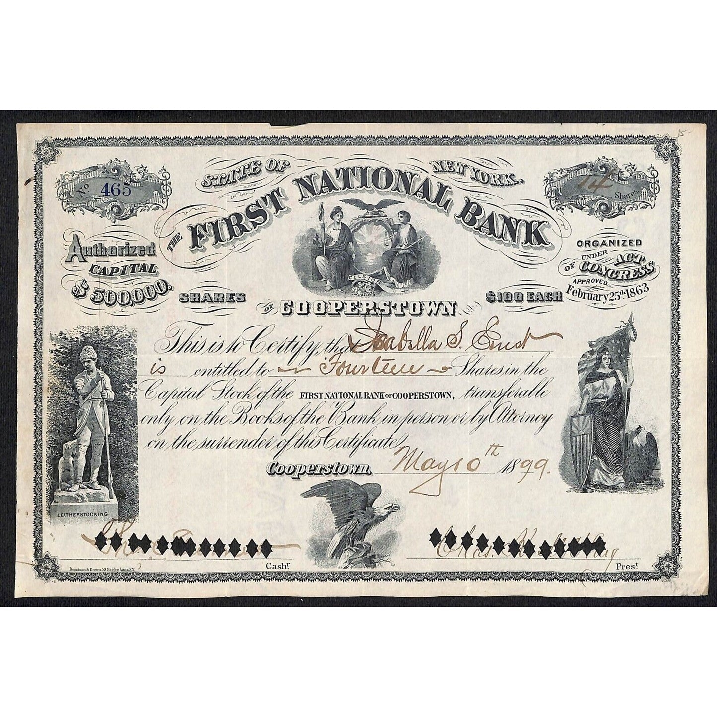 First National Bank of Cooperstown 1899 Stock Certificate Isabella S. ???