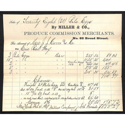 Miller & Co. Produce Merchants Broad St. NYC 1869 J.J. Cover* Billhead