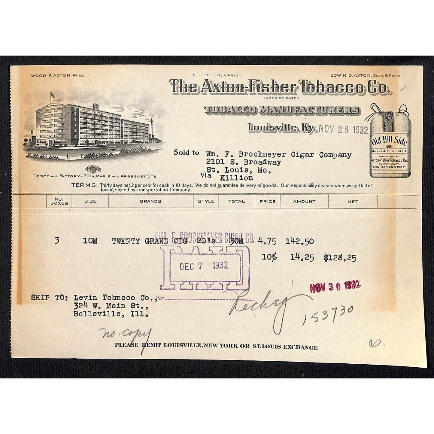 Louisville, KY The Axton-Fisher Tobacco Co. "Old Hill Side" 11/28 1932 Billhead