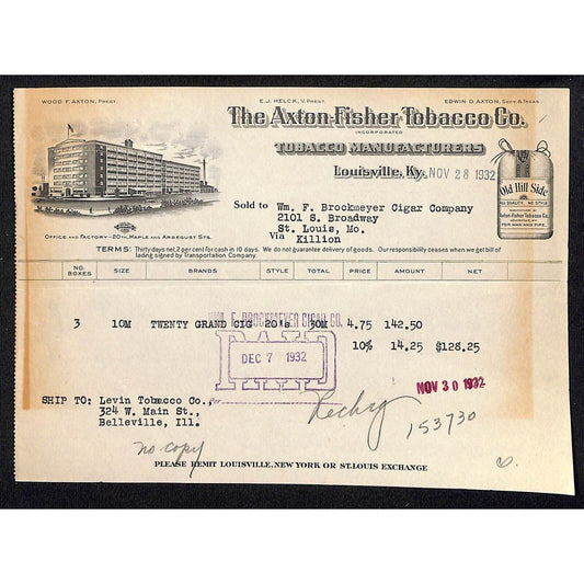 Louisville, KY The Axton-Fisher Tobacco Co. "Old Hill Side" 11/28 1932 Billhead