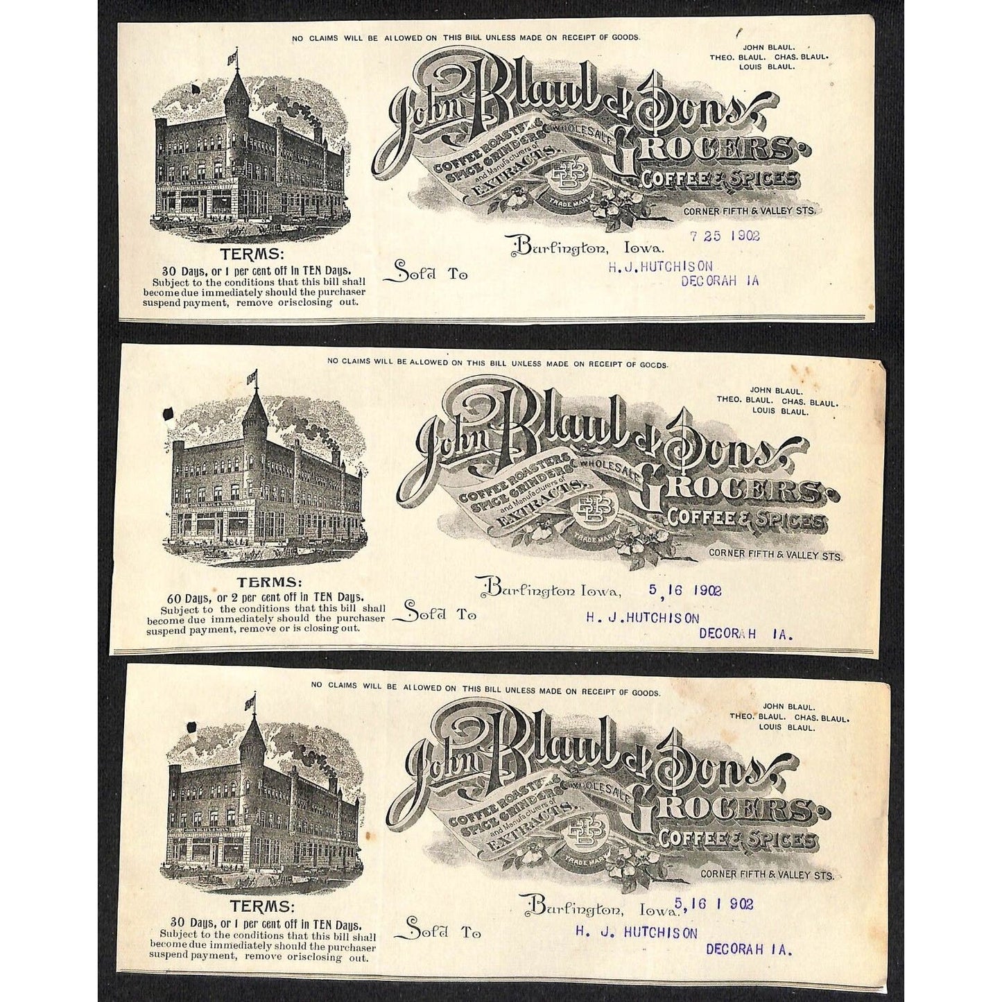 John Blaul Coffee Spices Burlington, IA Hutchinson* 3pc 1902 Cut Billheads