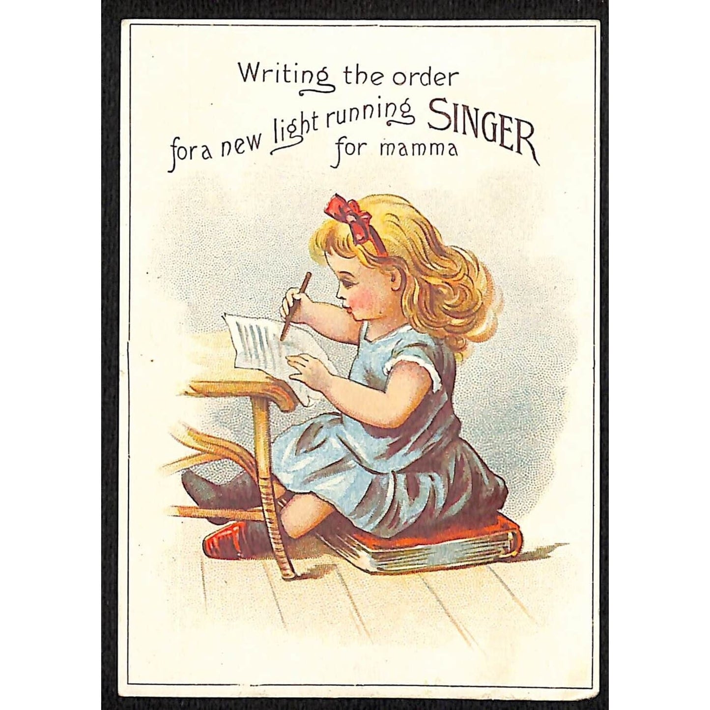 Singer Sewing Light Running Machine Victorian Trade Card - Girl Writes Letter