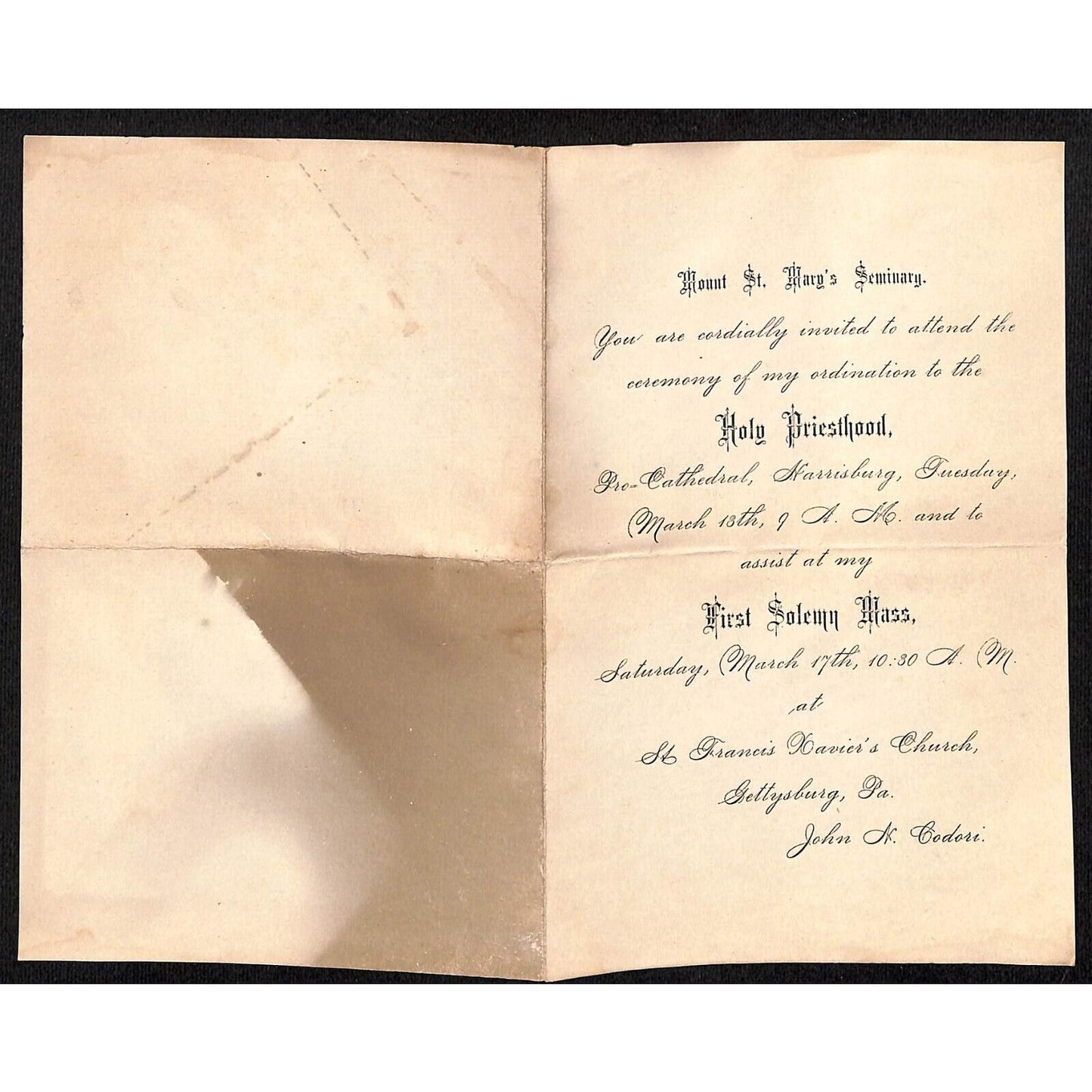 1893 John Codori Mount St. Mary's Seminary Priesthood Ordination Invitation