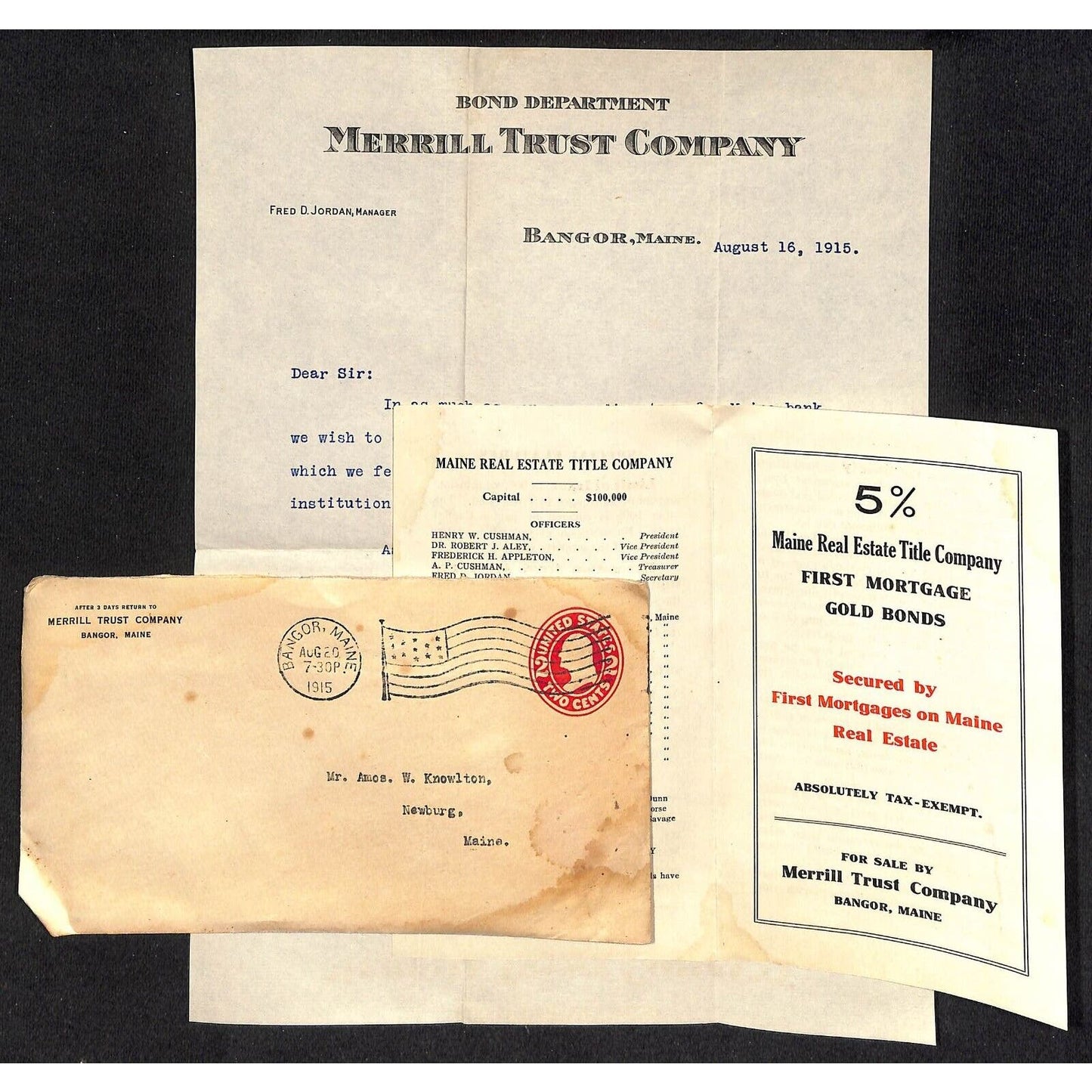 Bangor, ME Merrill Trust 1915 Bond Department Letterhead, Circ & Cover Knowlton*