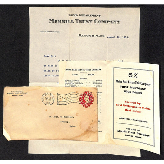 Bangor, ME Merrill Trust 1915 Bond Department Letterhead, Circ & Cover Knowlton*
