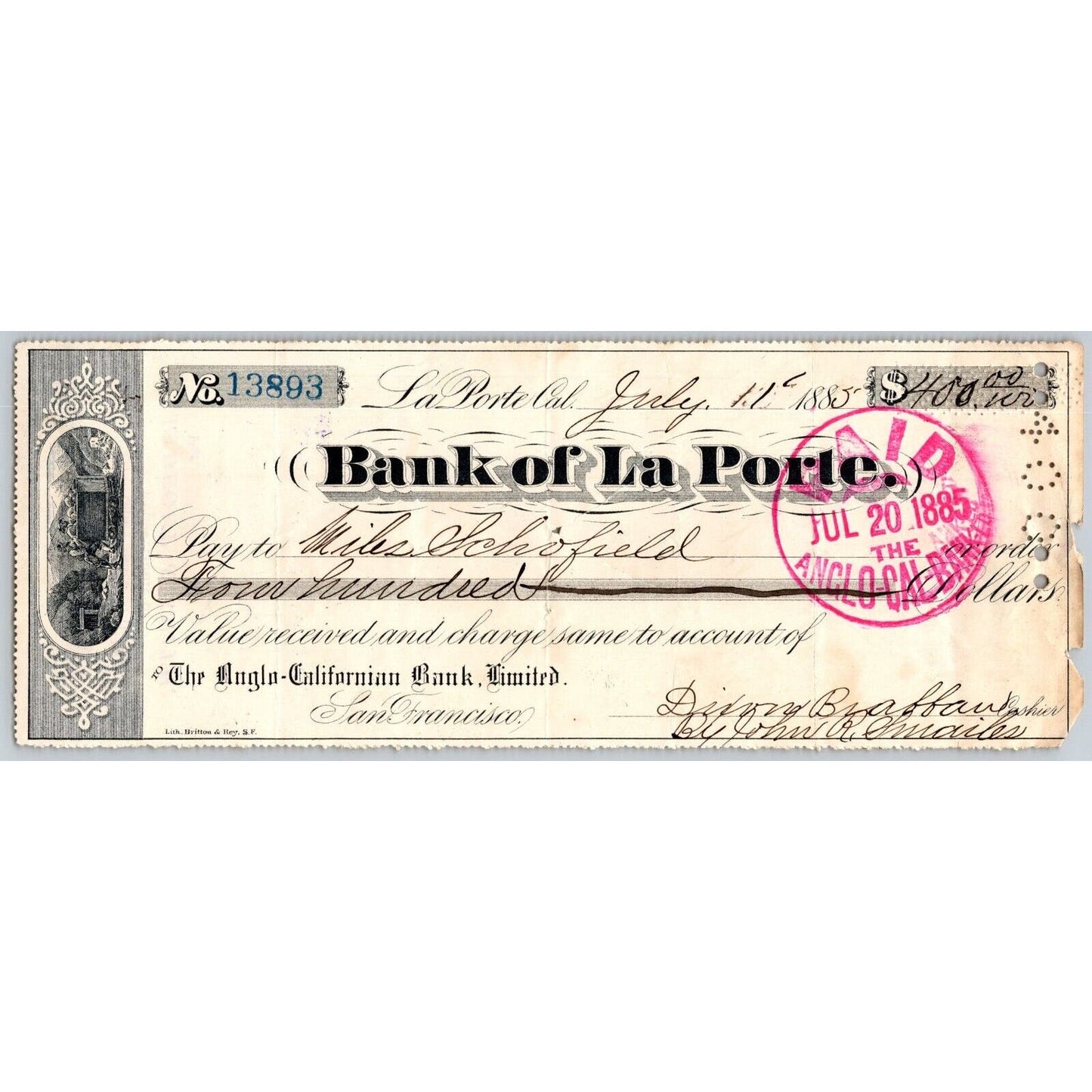 Bank of La Porte Check Miles Schofield 1885 Mining Vignette #13893