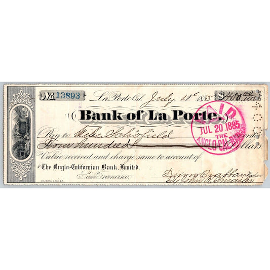 Bank of La Porte Check Miles Schofield 1885 Mining Vignette #13893