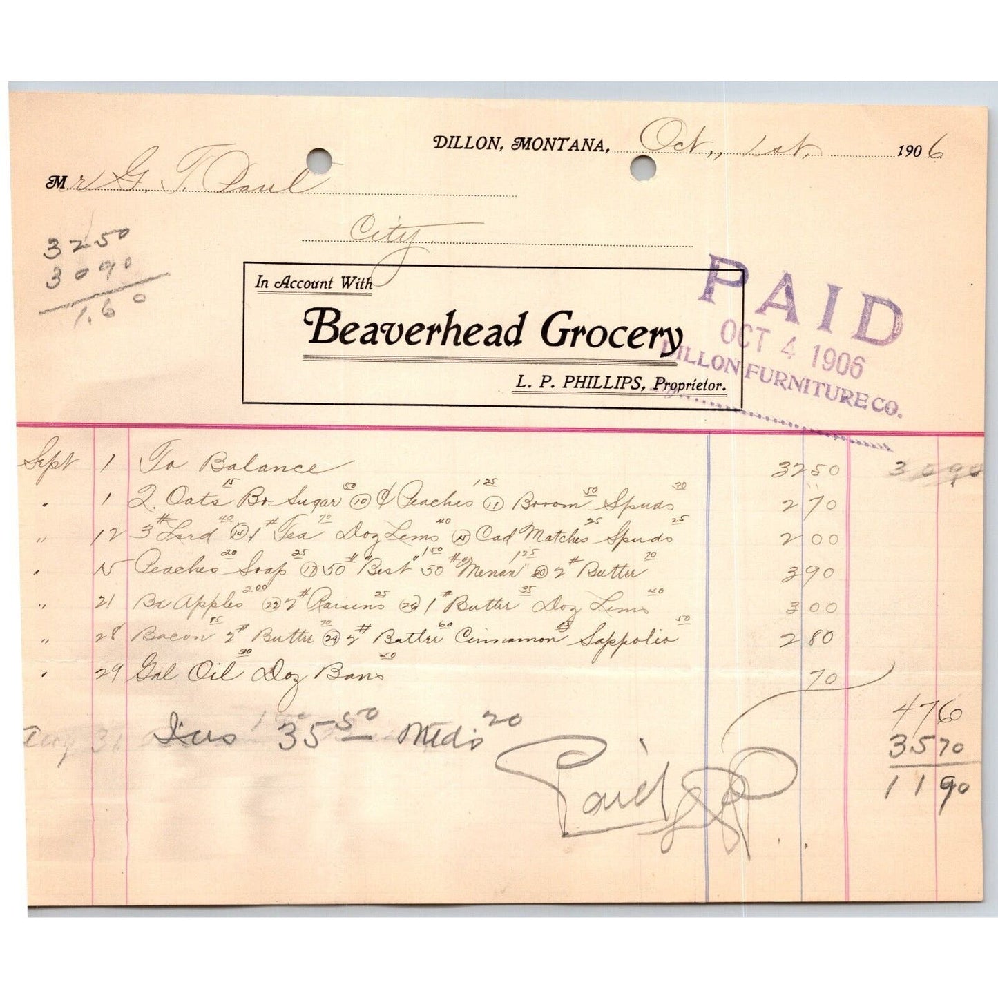 Dillon, MT Beaverhead Grocery L.P. Phillips Oct 1906 Billhead G.T. Paul*
