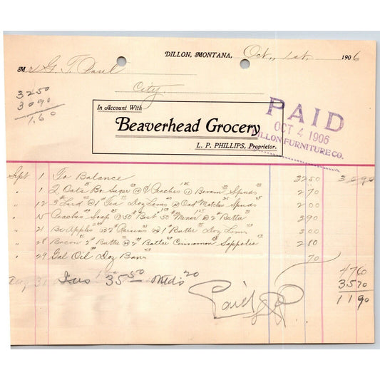Dillon, MT Beaverhead Grocery L.P. Phillips Oct 1906 Billhead G.T. Paul*