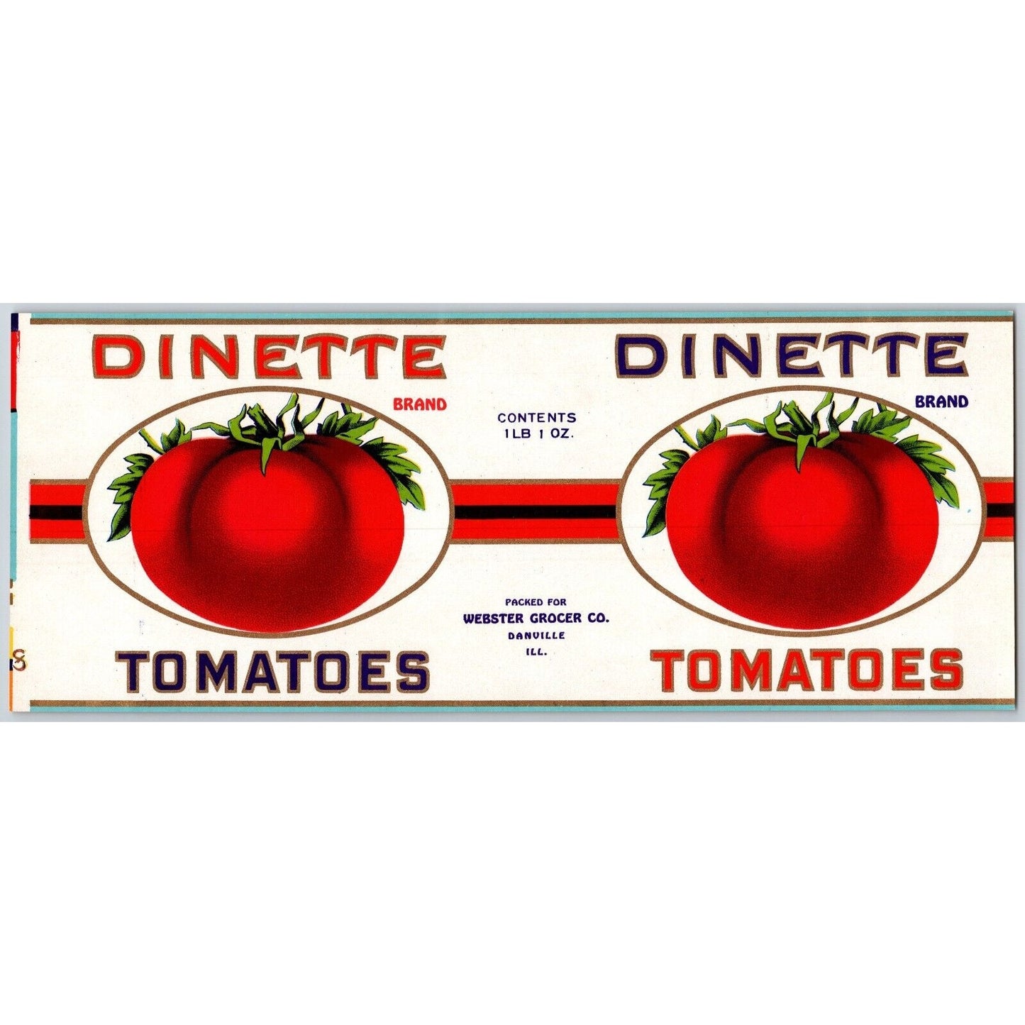 Dinette Brand Tomatoes Webster Danville, IL Paper Can Label c1940's VGC