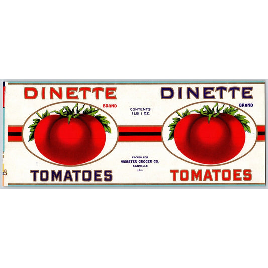 Dinette Brand Tomatoes Webster Danville, IL Paper Can Label c1940's VGC