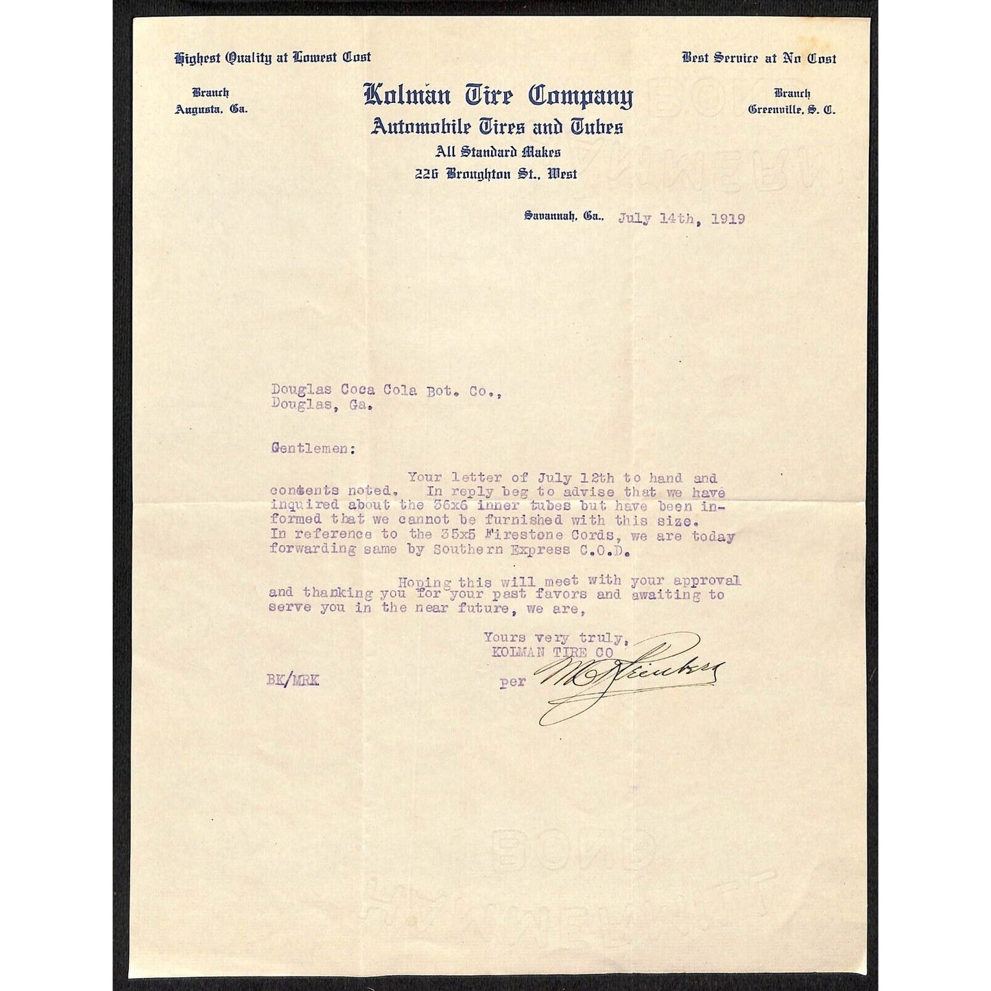 Kolman Tire Company Savannah, GA 1919 Letterhead Douglas Coca-Cola Inner Tubes