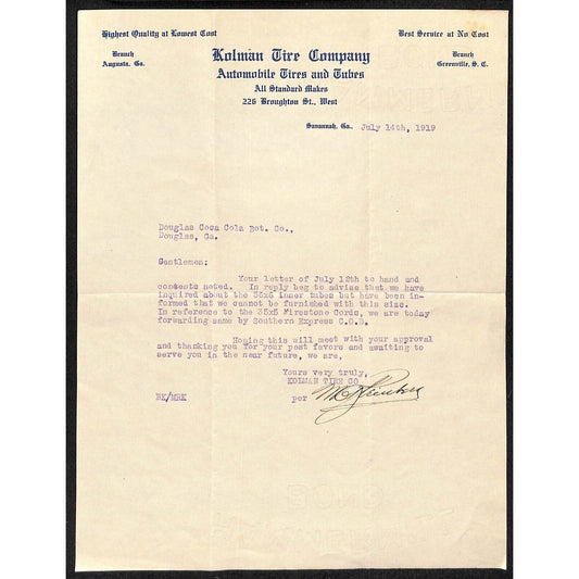 Kolman Tire Company Savannah, GA 1919 Letterhead Douglas Coca-Cola Inner Tubes