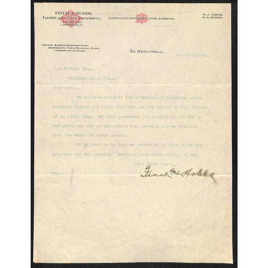 1901 Finch & Hobbs El Reno, OK Indian Territory MK&T / Choctaw Route Letterhead