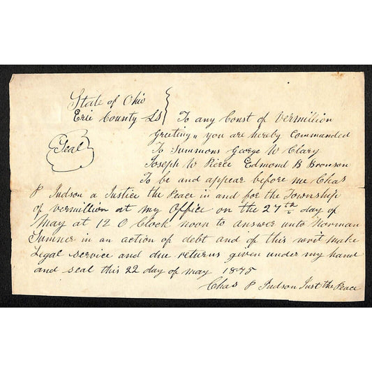 1845 State of Ohio Erie County Payment Demand Summons Norman Sumner