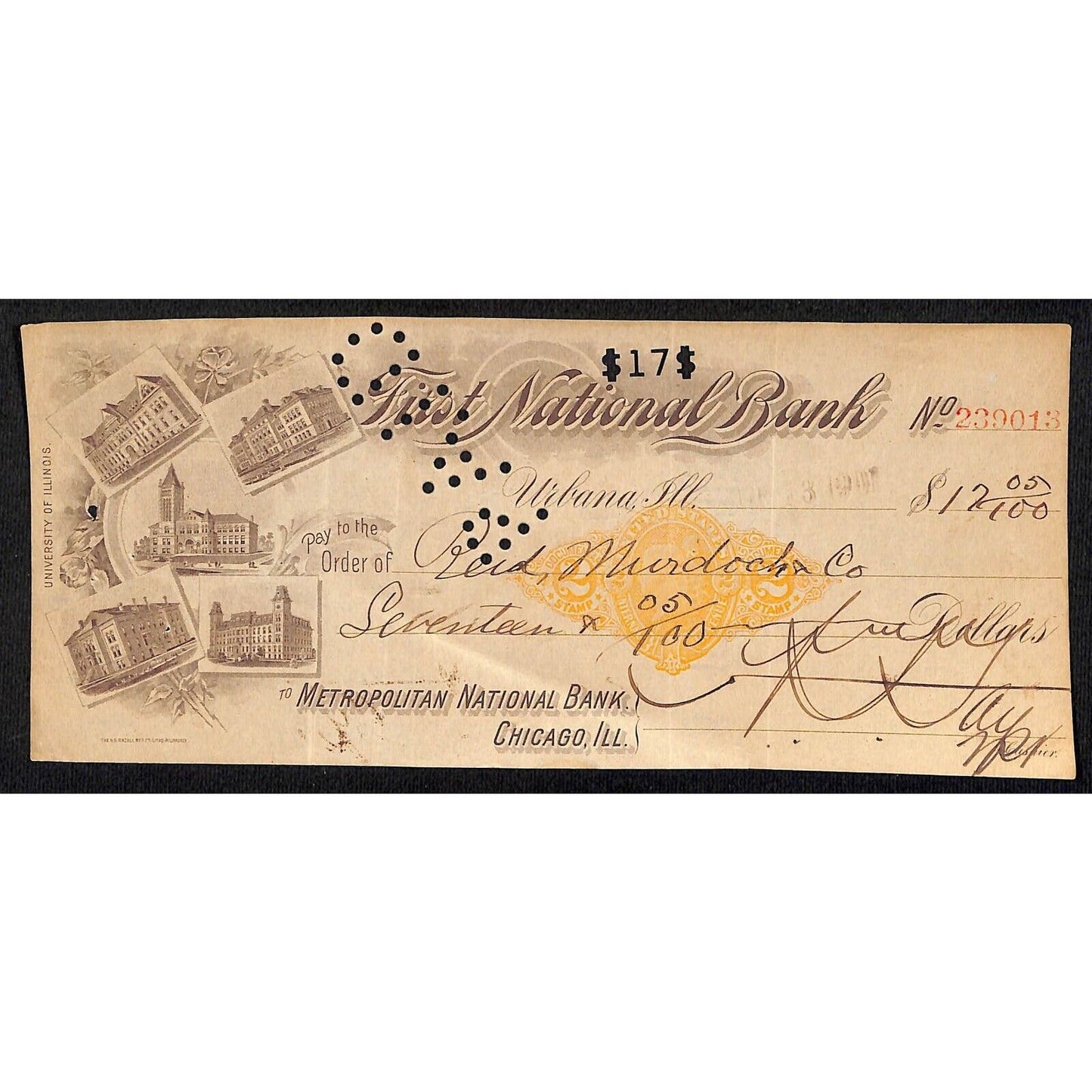 FNB Urbana, IL $17 1901 Bank Check Revenue Stamp w/ University Bldg. Vignettes
