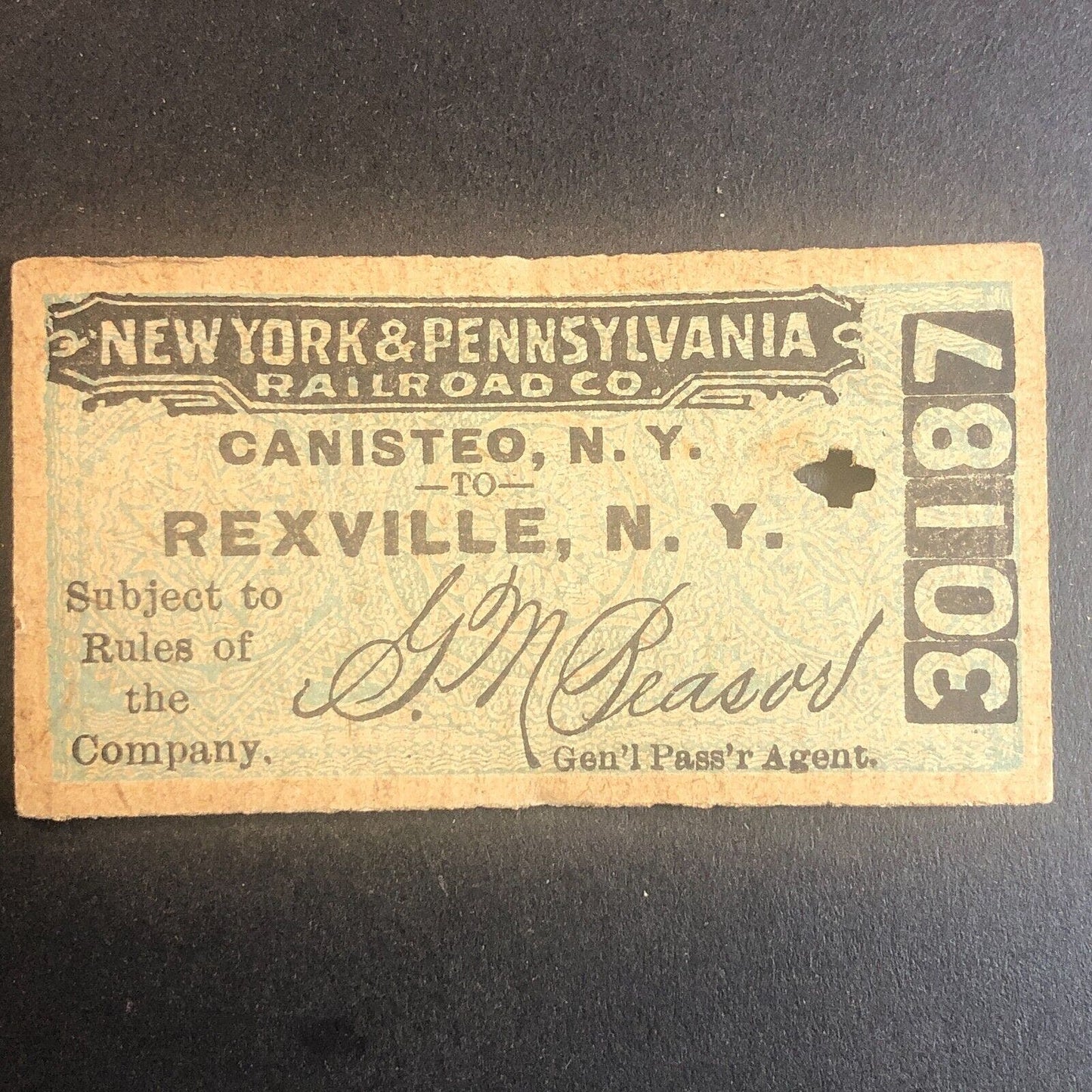 New York & Pennsylvania Railroad July 2 1917 Rexville, NY Ticket #30187