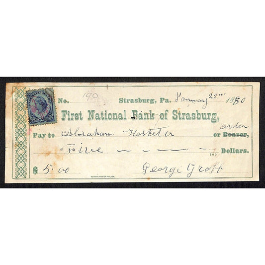 First National Bank of Strasburg, PA Abraham Hostetler 1880 Bank Check